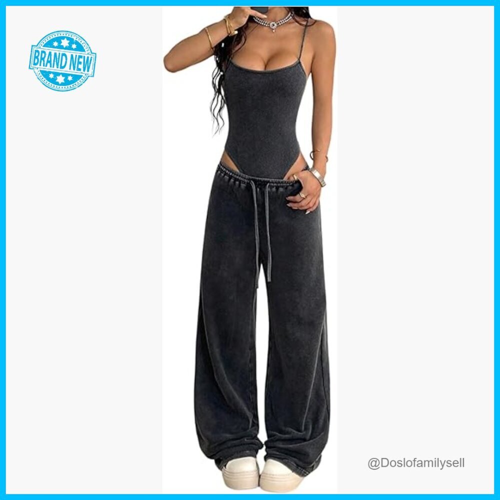 Y2K Two Piece Set Sleeveless Bodysuit Baggy Pants Streetwear Concert Outfit